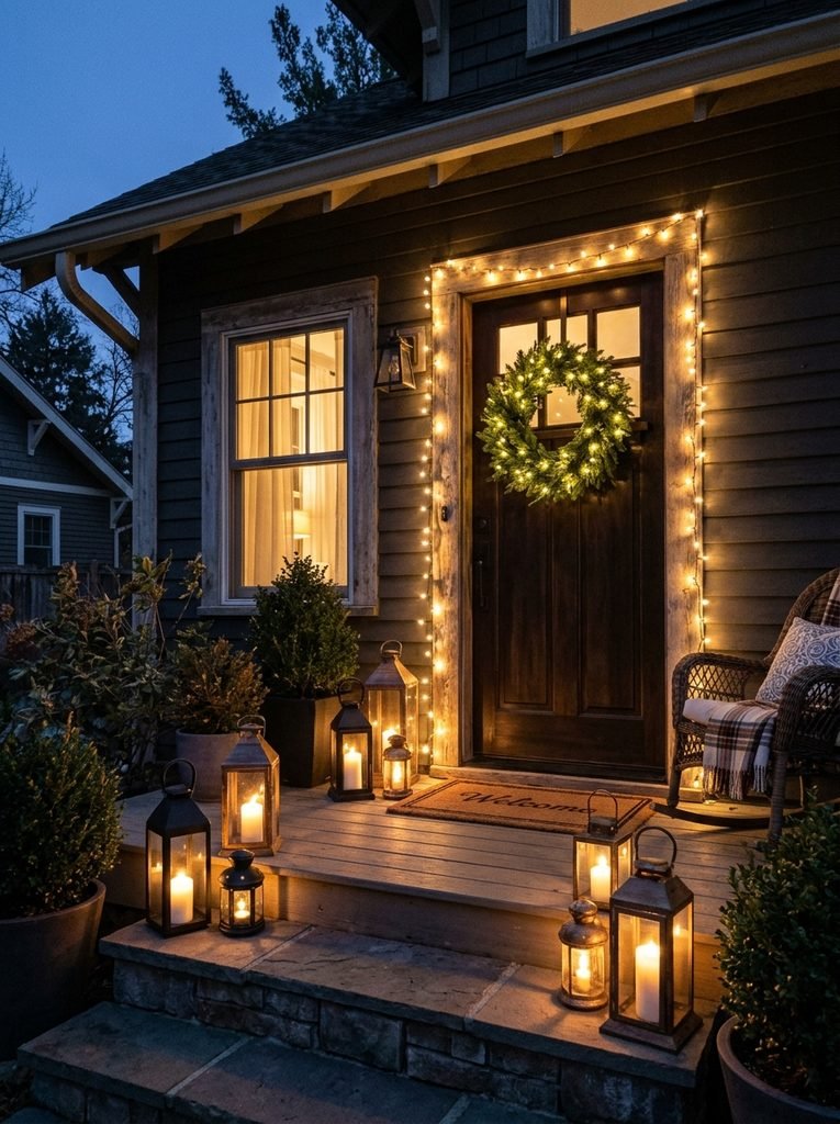 Front porch at dusk with warm white lanterns, a lit wreath, and soft string lights along the door frame