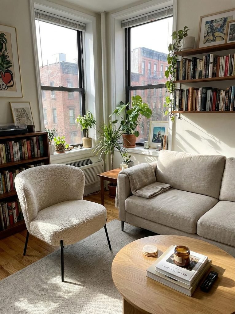 Compact apartment living room with small boucle accent chair on slim legs beside a two-seat sofa