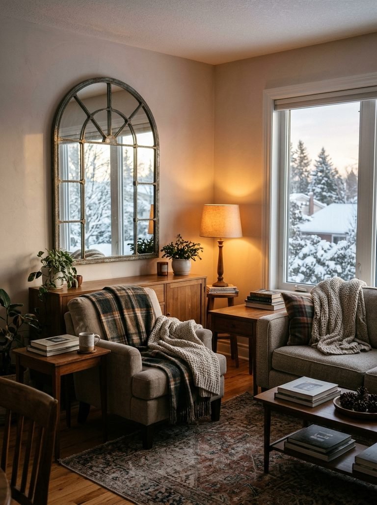 Winter living room with a mirror reflecting window light and a warm lamp lit in the late afternoon