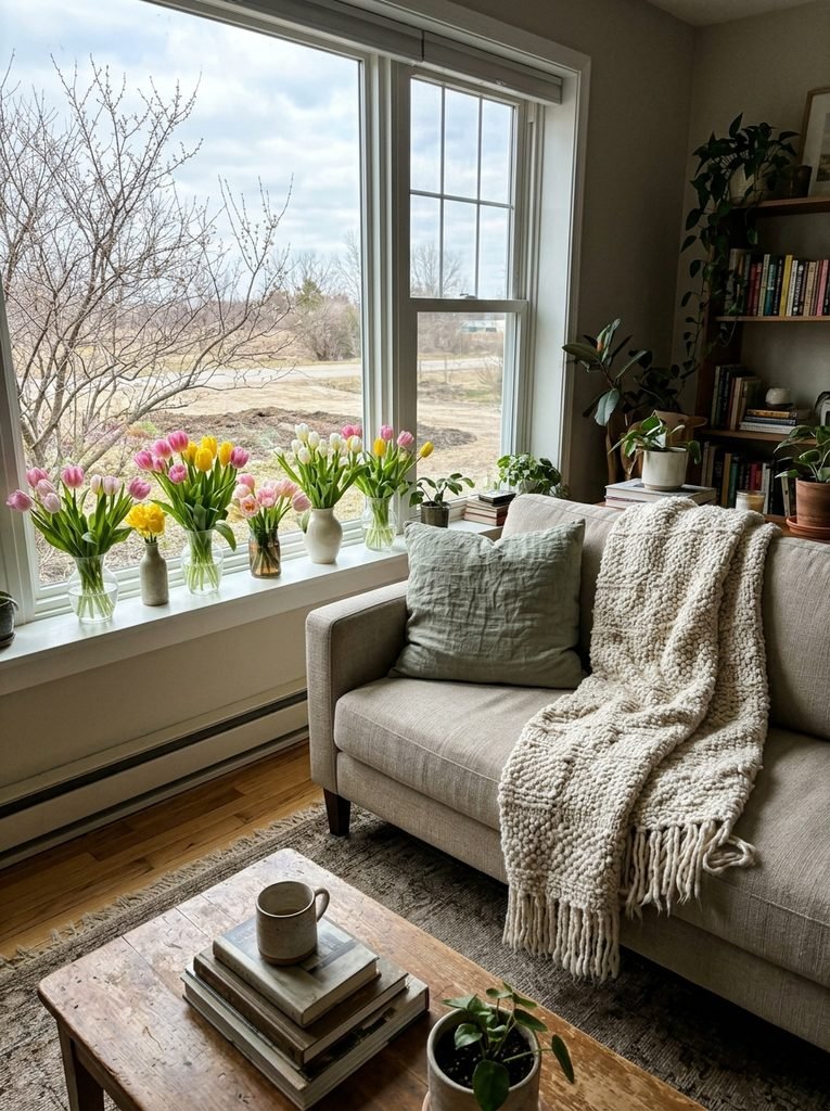 Early March living room with tulips on the windowsill, sage linen pillow and a cream wool throw