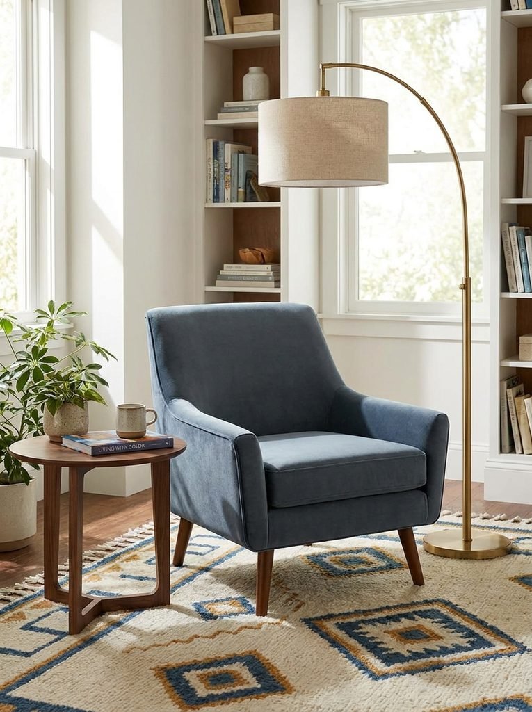 Slate blue accent chair angled on a rug with side table and floor lamp in a balanced living room corner