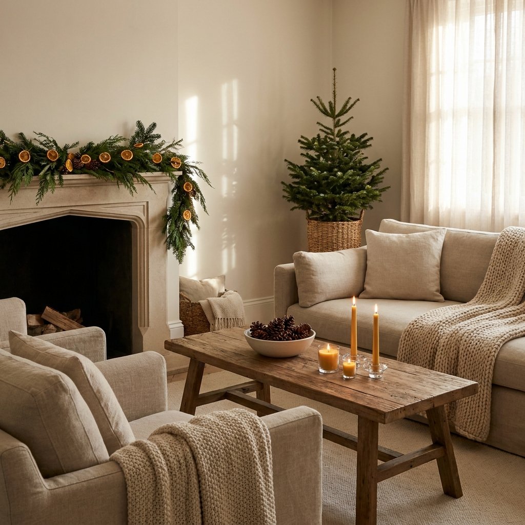 Calm neutral Christmas home with oat linen, natural wood, evergreen branches, and warm candlelight
