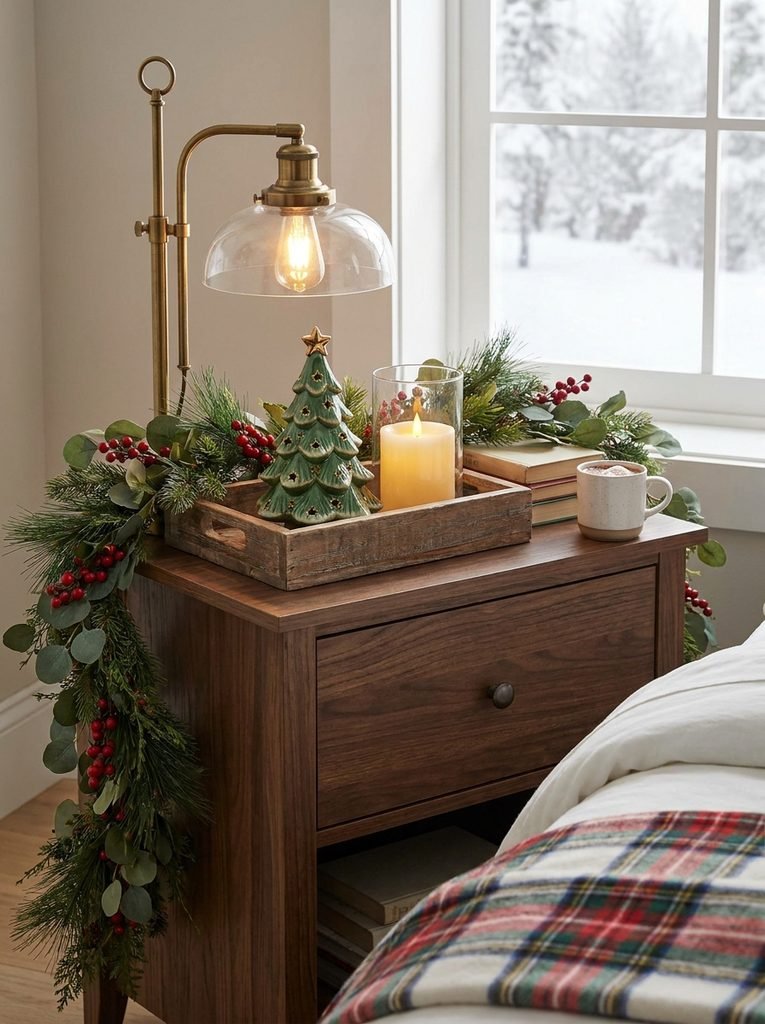 Walnut nightstand styled for Christmas with a lamp, wooden tray, ceramic tree and flameless candle