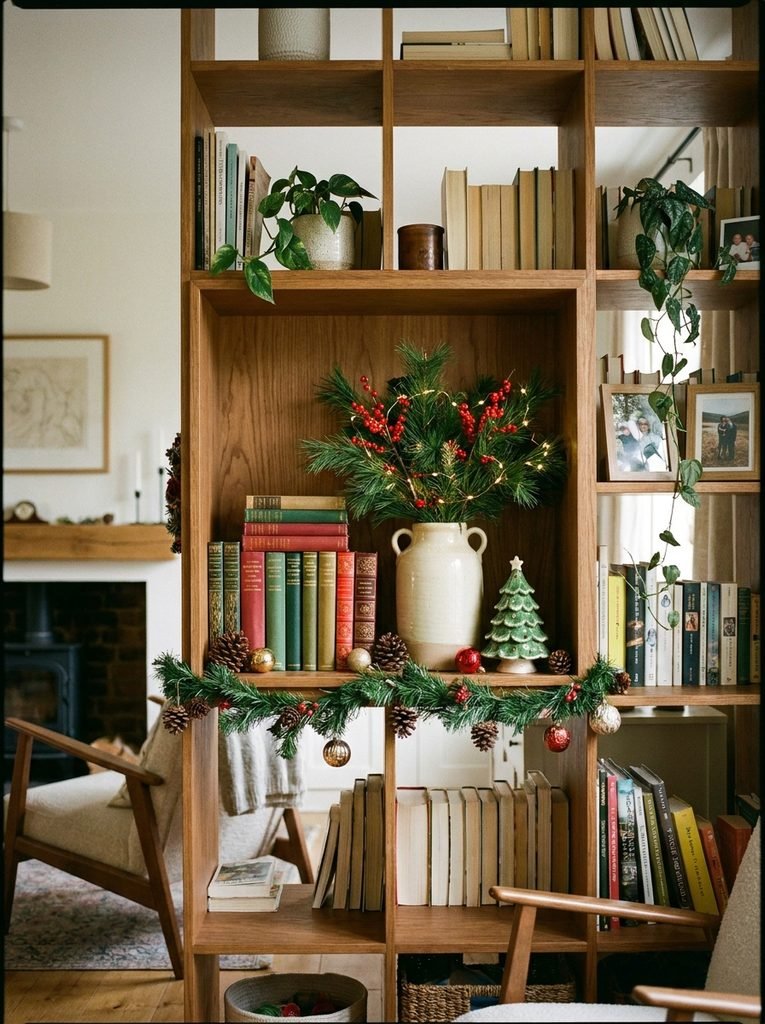 Open bookshelf with one styled Christmas section featuring books, a vase of branches, and a ceramic tree