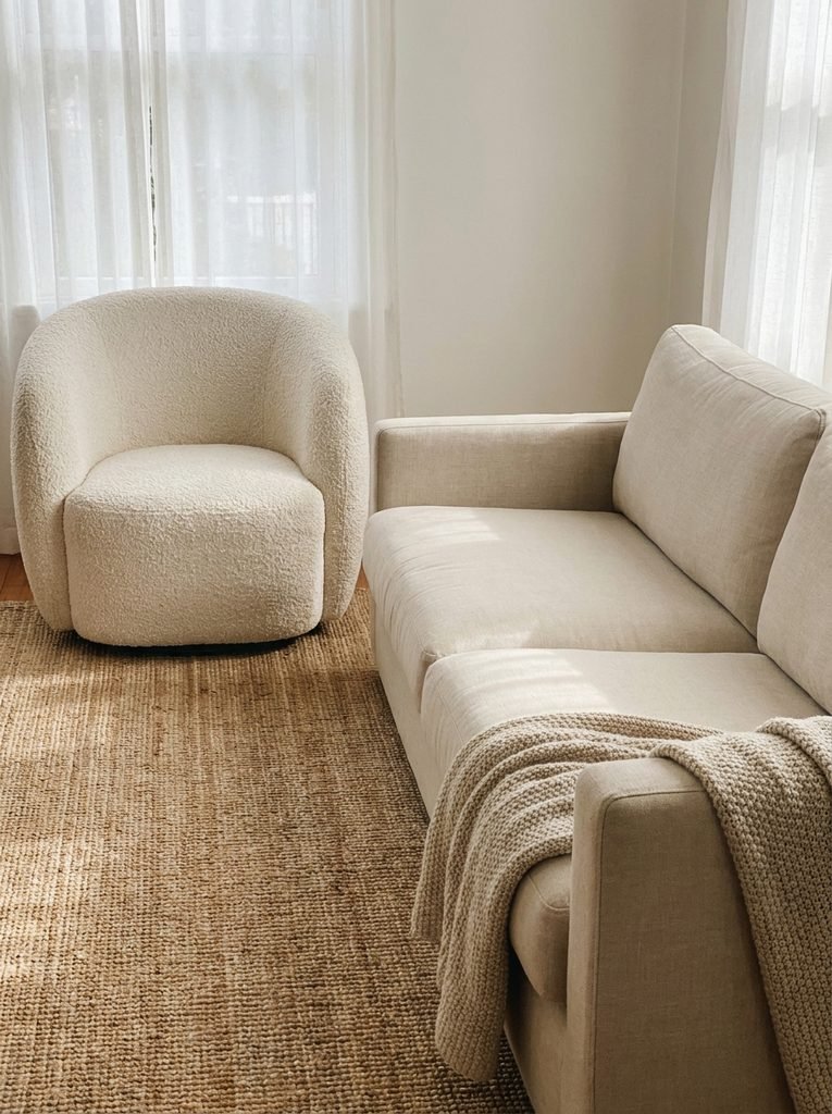 Ivory boucle barrel chair beside a smooth linen sofa showing contrast in textures in a living room