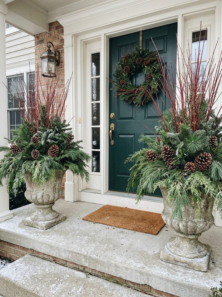 Pair of stone planters flanking a front door filled with evergreen cuttings, red twig branches, and pinecones