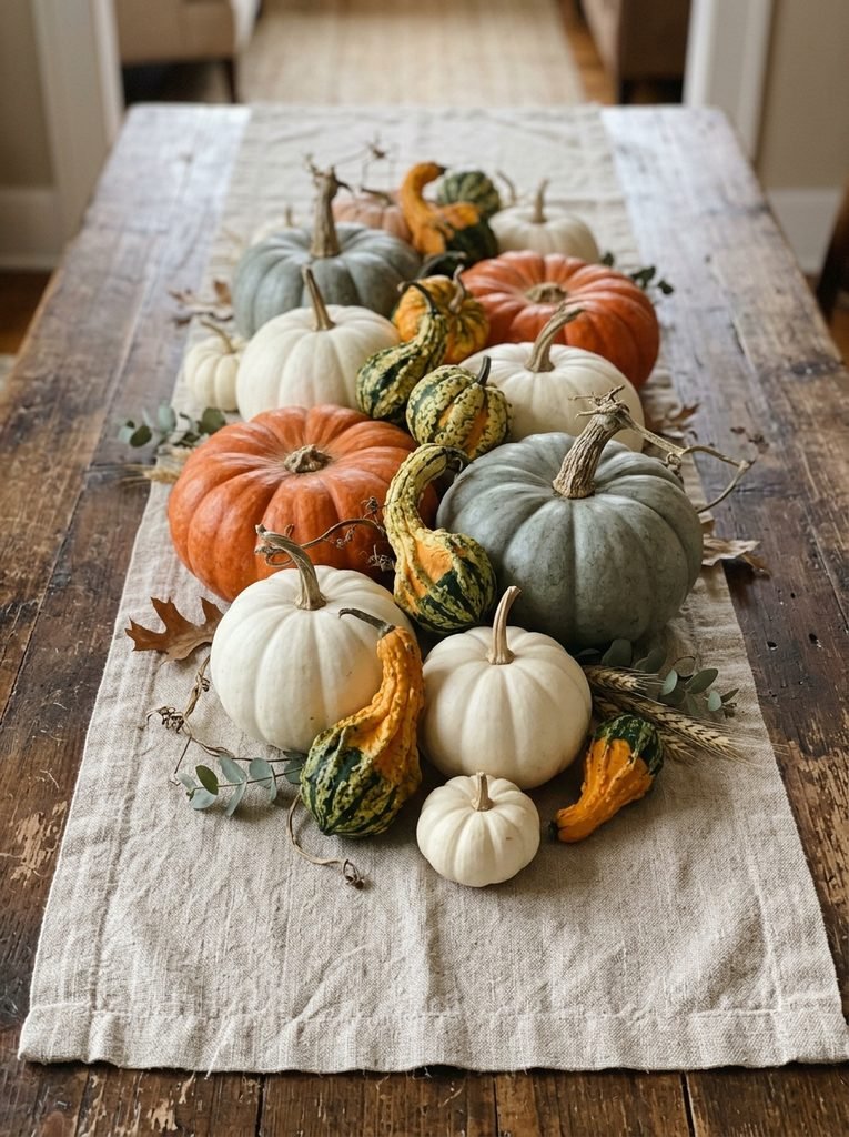 Grouping of blue-gray, flat orange and white pumpkins with gourds on an oatmeal linen runner