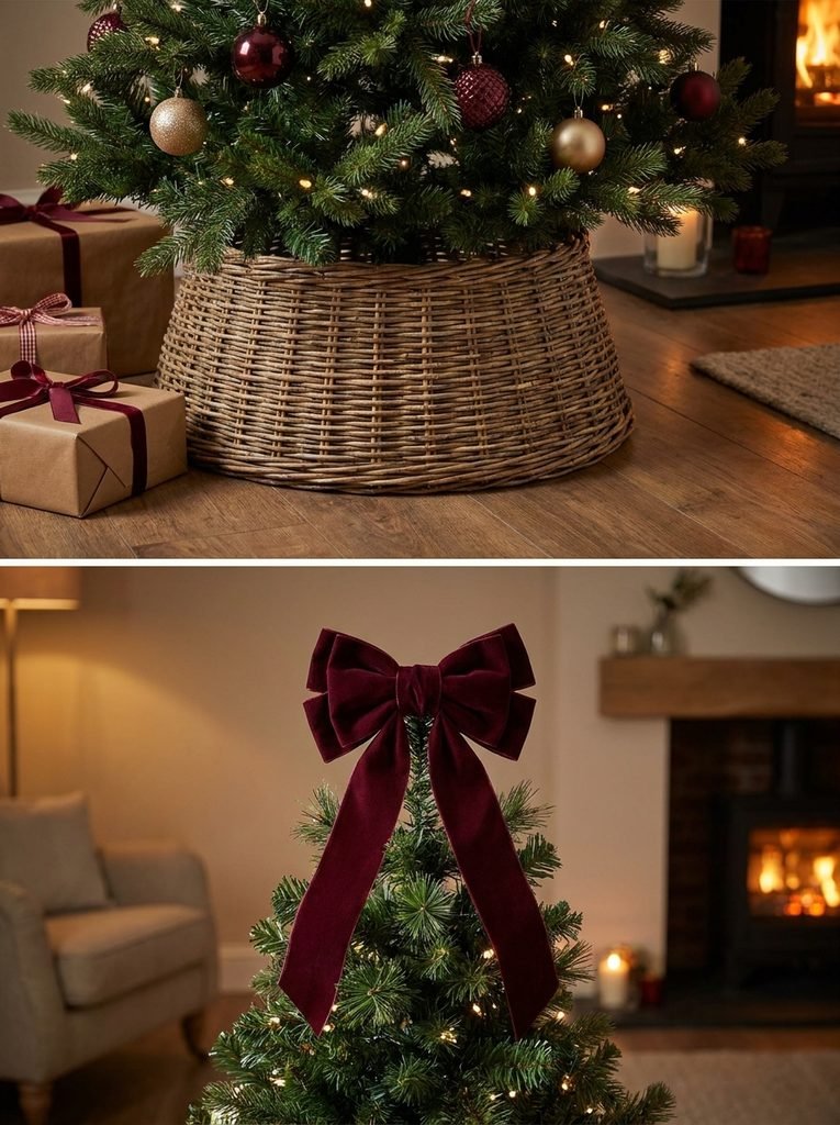 Base of a Christmas tree with a woven basket collar and top of tree with a velvet bow topper