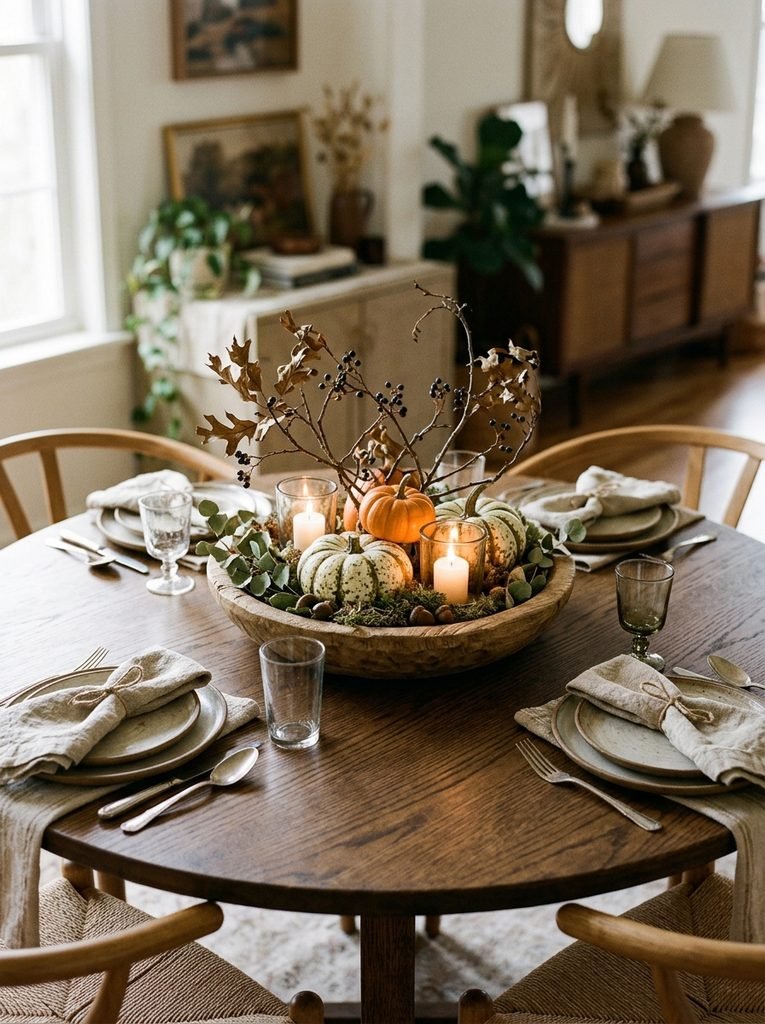 Round dining table with a compact pumpkin, branch and votive centerpiece in a wooden bowl