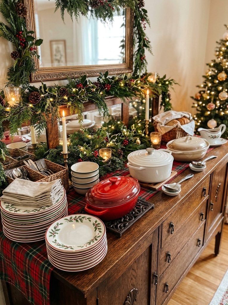  Sideboard set up as a Christmas serving station with covered dishes, trivets, and stacked plates