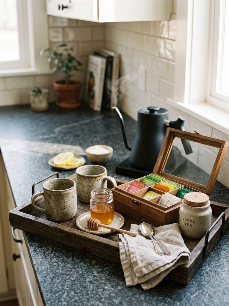 Kitchen counter hot drink station with a kettle, stoneware mugs, honey and tea on a wooden tray