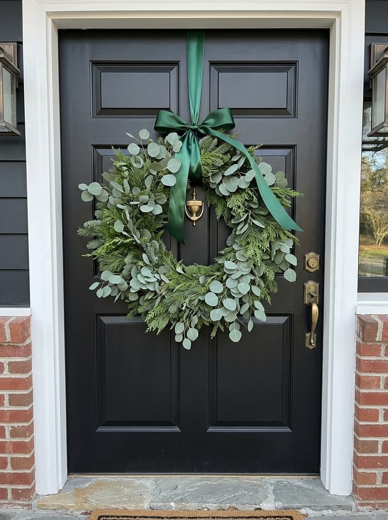Black front door with a large eucalyptus and evergreen wreath hung at eye level on a satin ribbon