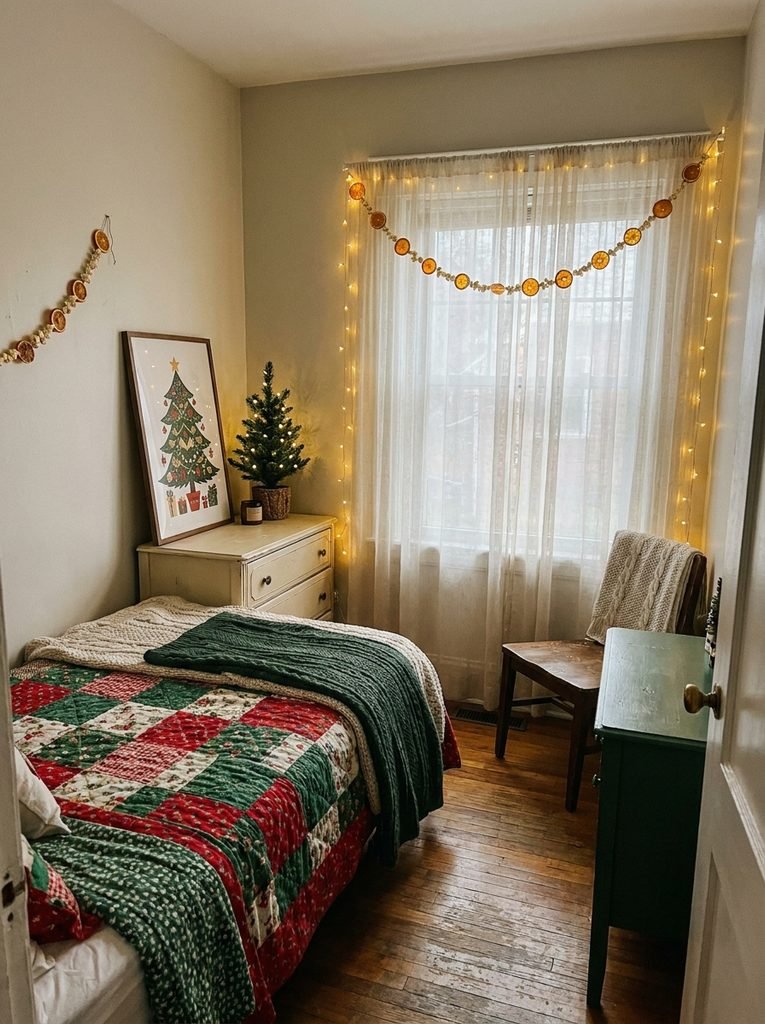 Small rental bedroom with simple Christmas styling using bedding, a leaned print and curtain lights