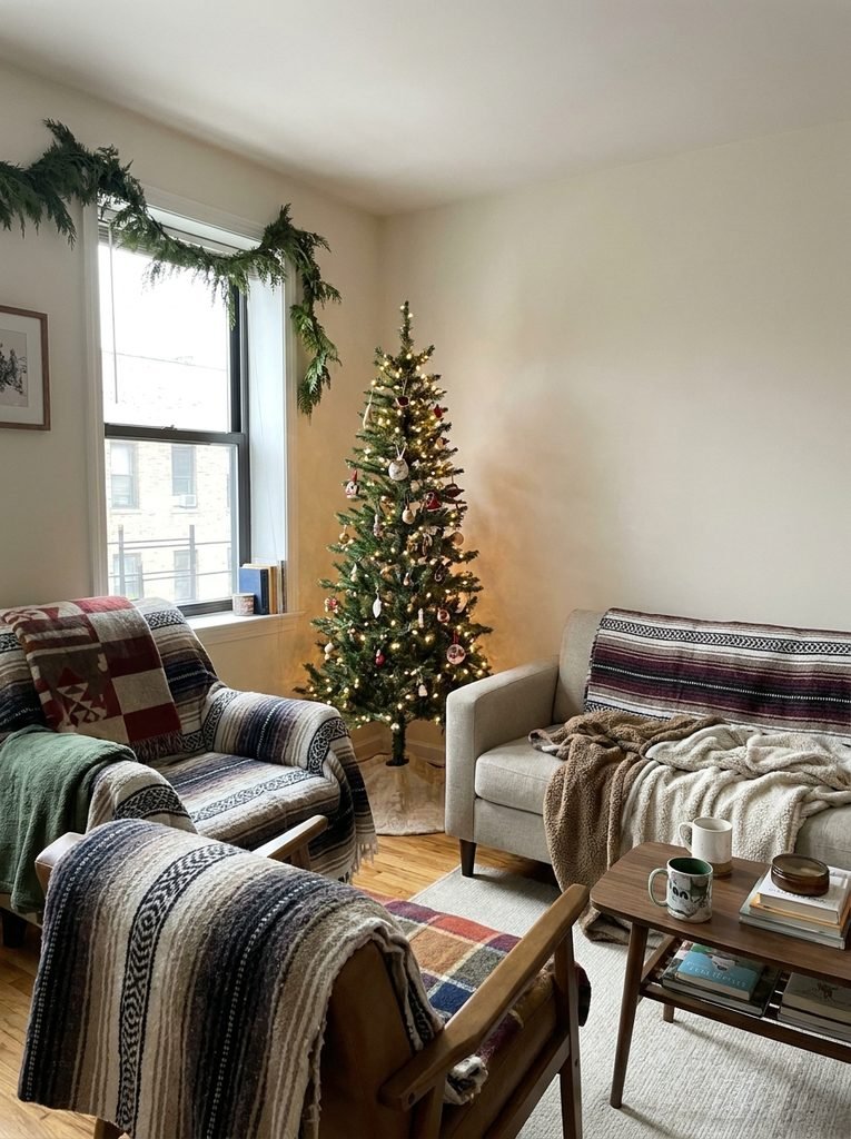 Compact apartment living room with a slim Christmas tree, window garland, and layered throws