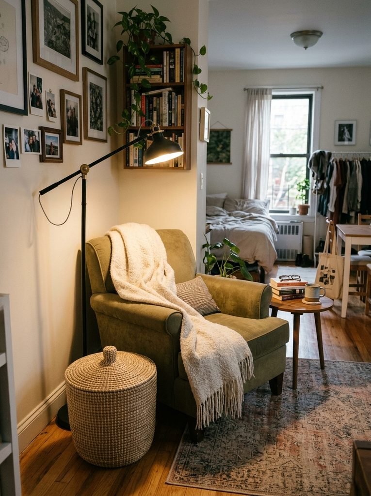 Studio apartment reading corner with an armchair, floor lamp, wool throw and a lidded basket
