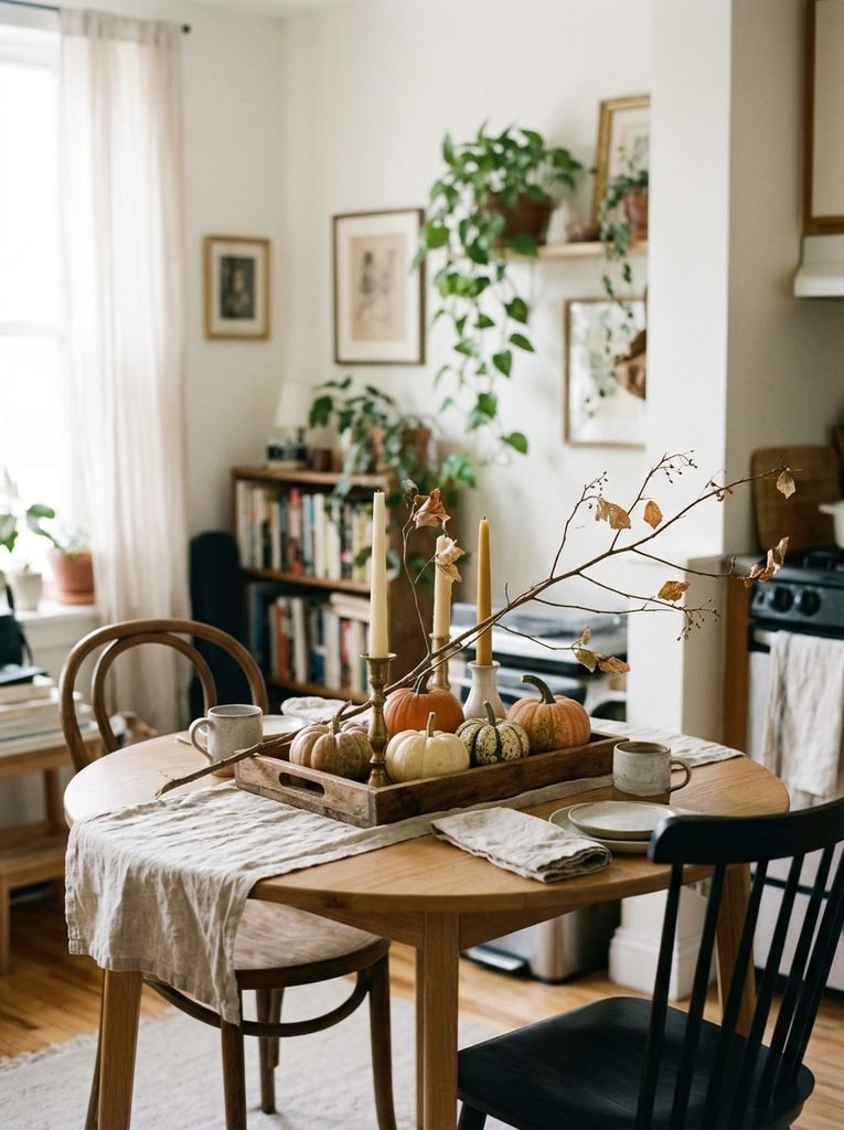 Small apartment dining table with a tray of tapers, mini pumpkins and a single branch
