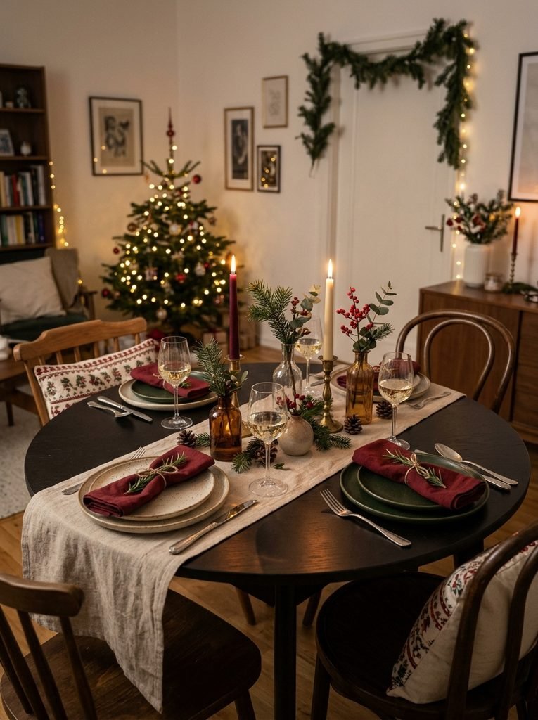 Small round dining table in an apartment set for Christmas dinner with a narrow runner and bud vases