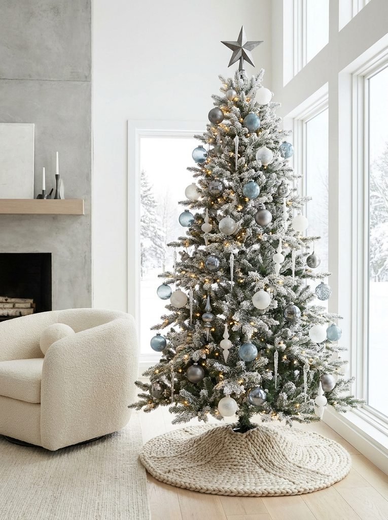 Lightly flocked Christmas tree with smoke blue, pewter, and frosted white ornaments in a bright modern room