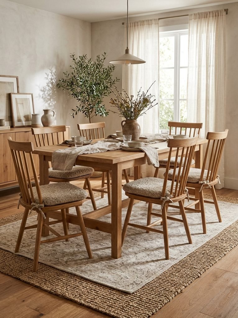 Dining table with wooden chairs softened by oatmeal wool seat pads and a layered rug