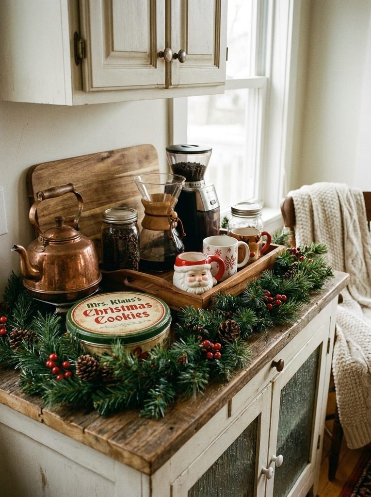 Coffee station on a kitchen counter with seasonal mugs, a tin of cookies, and a mini evergreen garland
