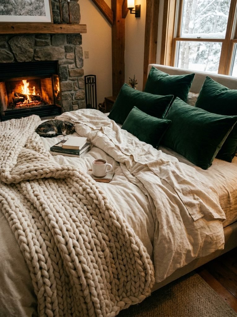 Winter bed layered with cream flannel bedding, a chunky knit throw and green velvet pillows
