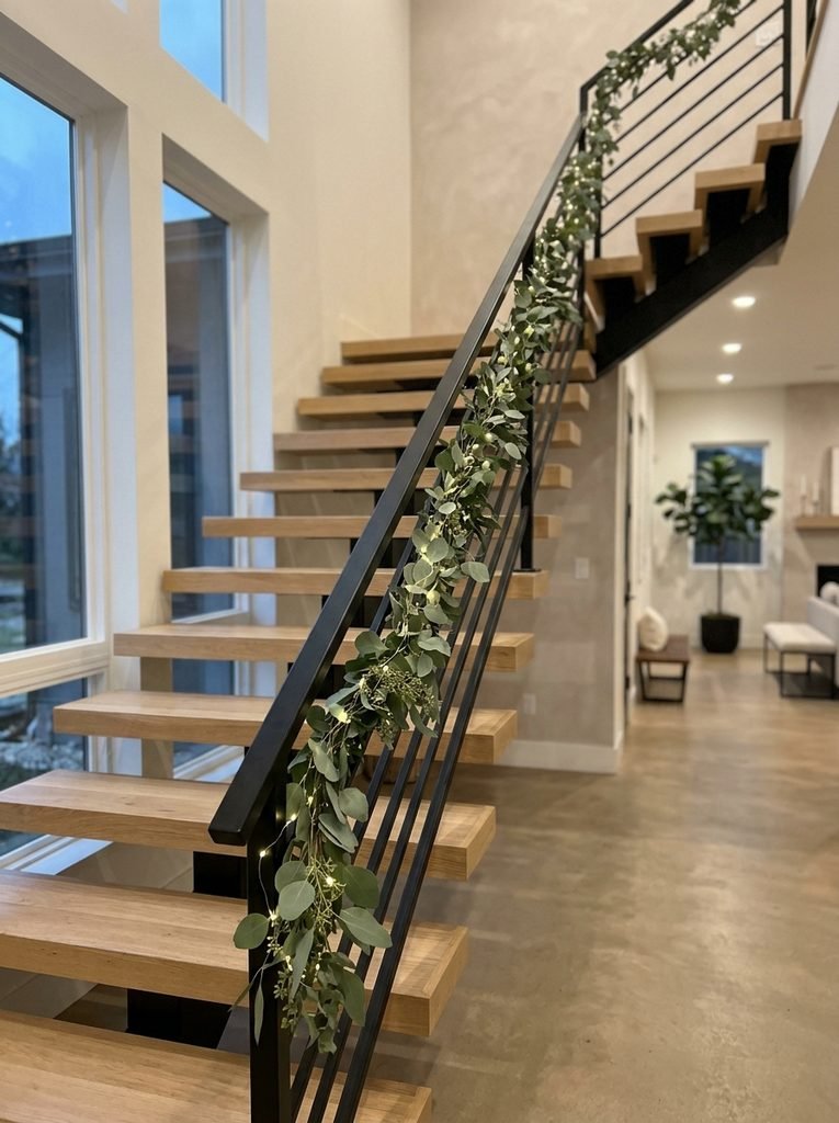 Modern staircase with thin black railing and a slim wrapped eucalyptus garland with small white lights