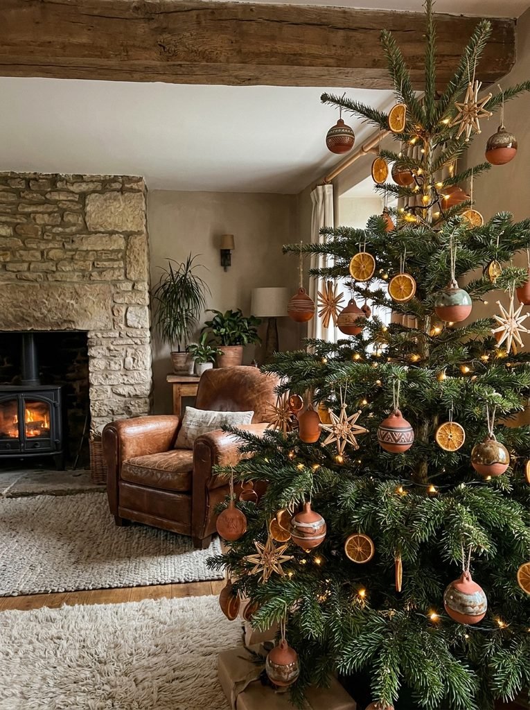 Christmas tree with terracotta ceramic ornaments, dried orange slices, and woven straw stars in an earthy living room