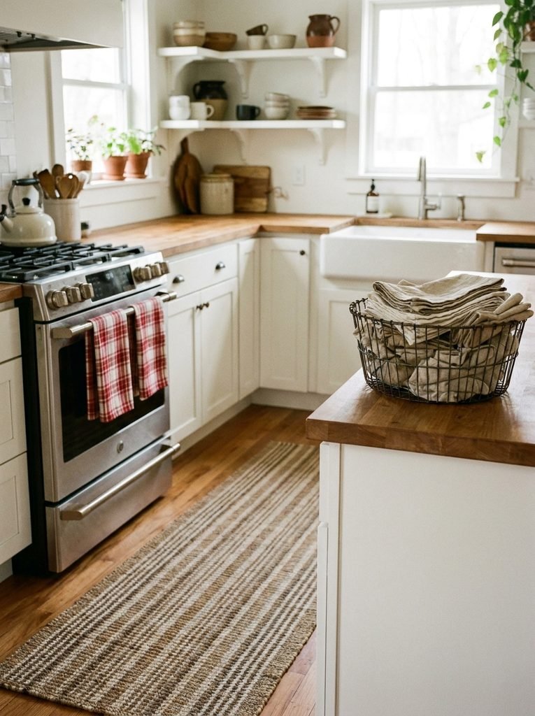 Kitchen with plaid dish towels on the oven handle, a runner rug, and linen napkins in a basket
