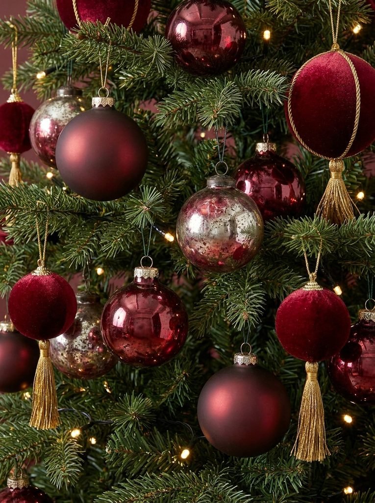 Close view of Christmas tree branches with matte, glossy, mercury glass, and velvet ornaments in one color family