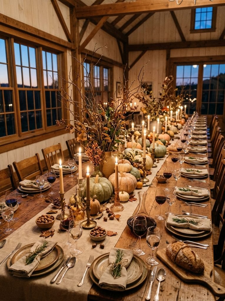 Long Thanksgiving table with a centerpiece of branches, muted pumpkins and lit taper candles at dusk