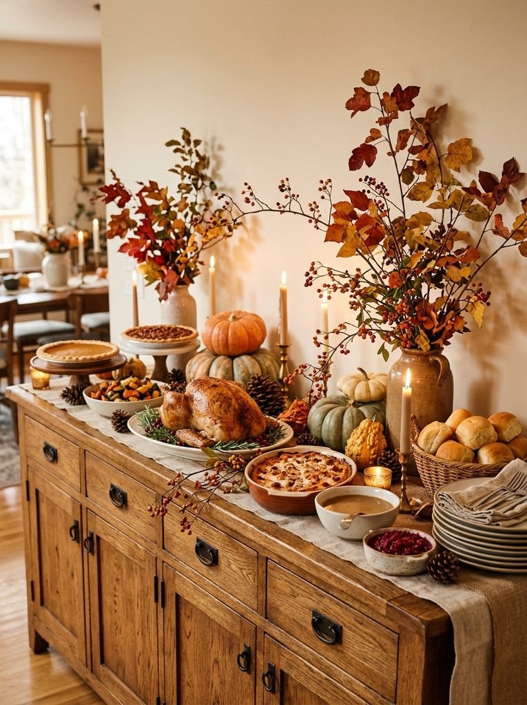 Oak sideboard styled as a Thanksgiving buffet with serving dishes, branches and pumpkins
