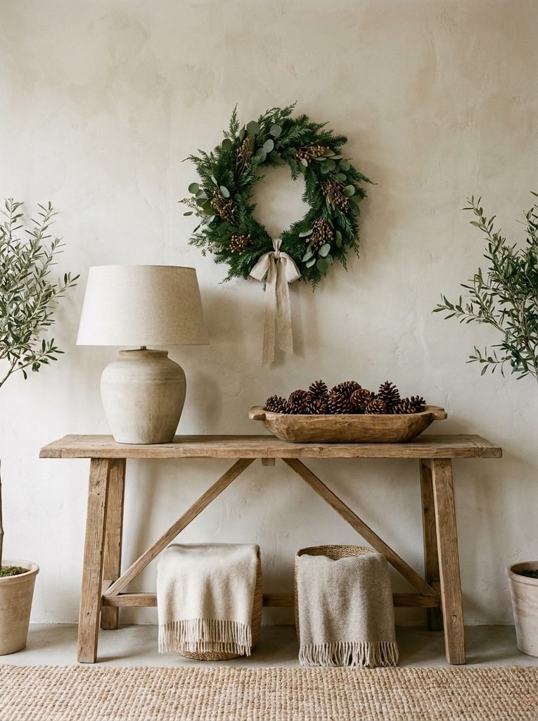 Neutral Christmas entryway with a simple evergreen wreath, wooden bowl of pinecones, and a lamp on a console