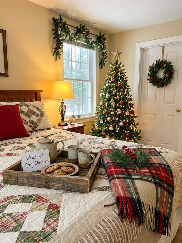 Guest bedroom prepared for Christmas with a welcome tray, folded blanket and fresh pine sprig
