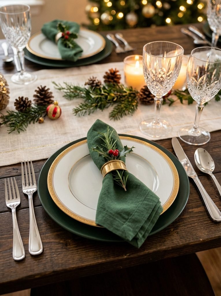 Close view of a Christmas place setting with dinner plate, linen napkin, flatware, and glassware arranged correctly