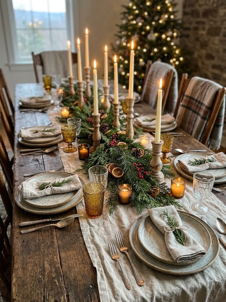 Rustic Christmas dinner table with linen runner, stoneware plates, wooden candle holders, and evergreen branches