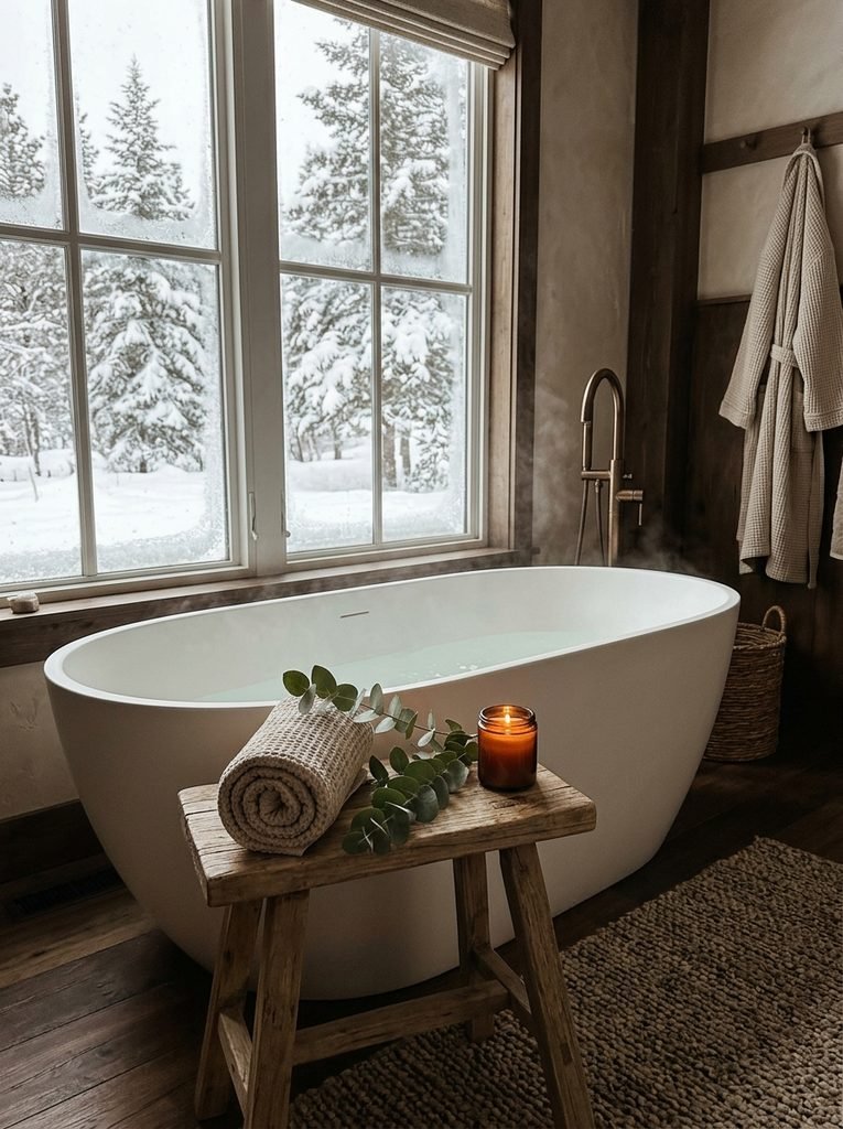 Winter bathroom with a freestanding tub, wooden stool, rolled towel and eucalyptus branch