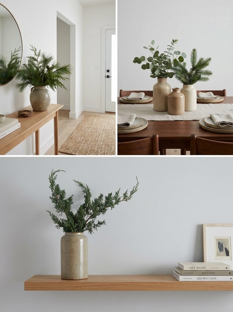 Evergreen branches in stoneware vases placed in a neutral entryway, dining table, and shelf