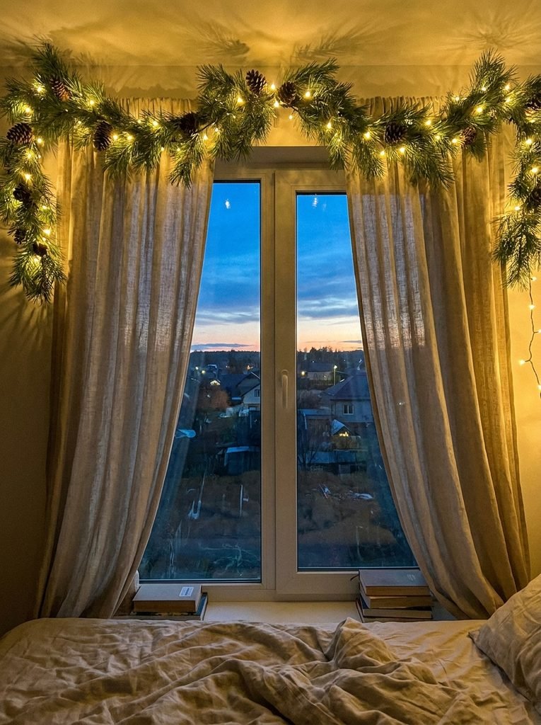 Bedroom window with linen curtains, warm string lights and a simple pine garland at dusk