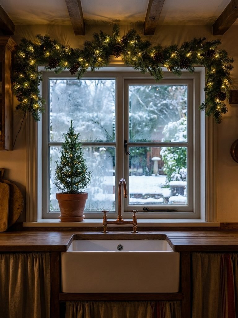 Kitchen window above a sink with a short evergreen garland, warm lights, and a small potted rosemary tree