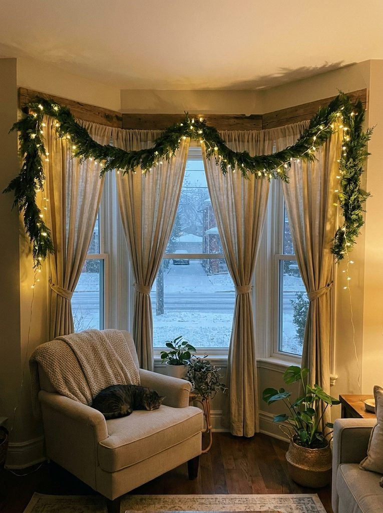 Living room window with warm white lights along the curtain rod and a simple evergreen garland
